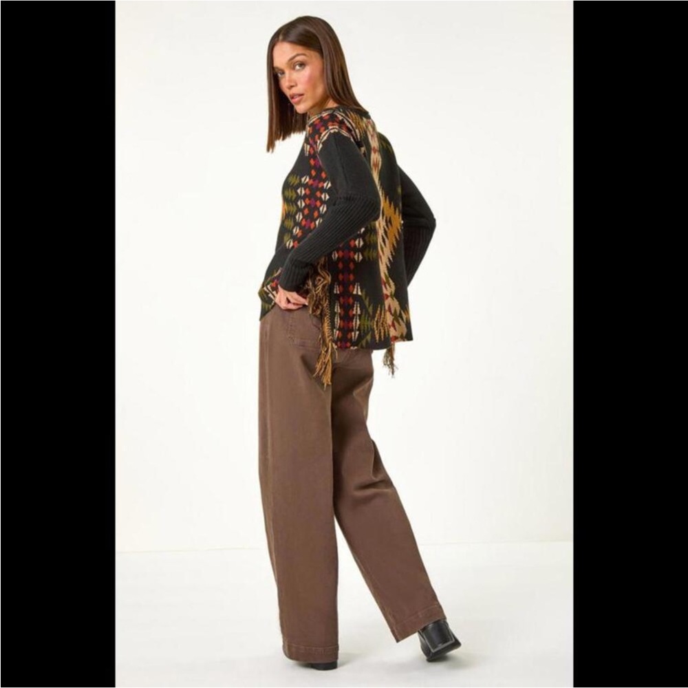NWT Cotton & Rye Women's Southwestern Fringe Poncho Sweater Olive Brown size S - Picture 3 of 13